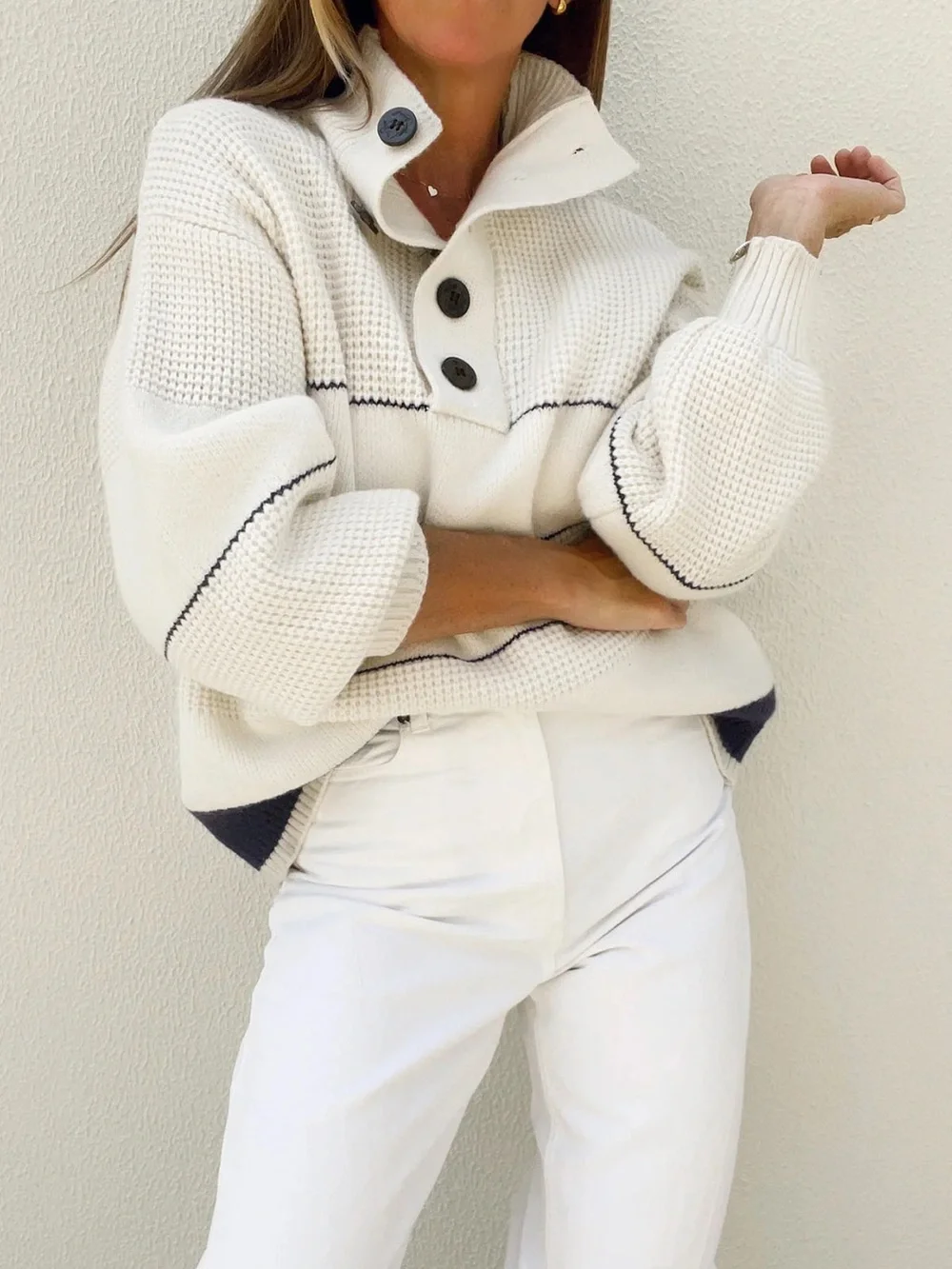 Commense Ivory Open Collar Button Up Sweater - Picture 2 of 5